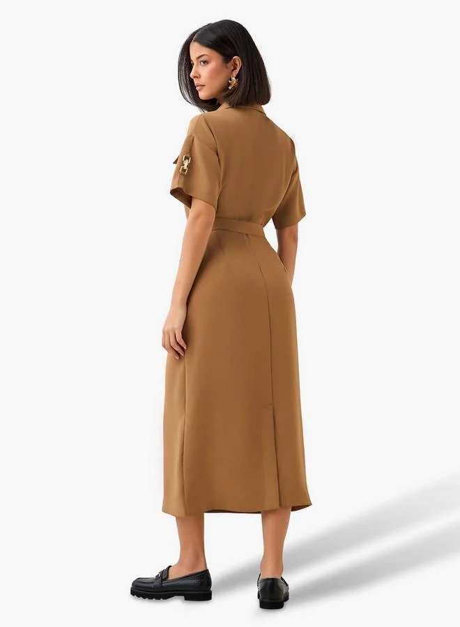 Iconic  Iconic Midi Belted Shirt Dress with Pocket Detail for Women | Best Price UAE